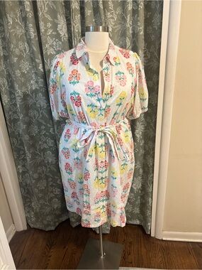 Draper James White Midi Shirt Dress with Pink & Yellow Floral Print